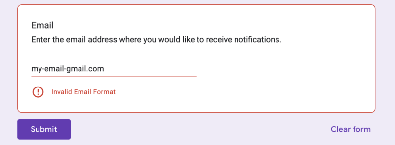 When an invalid answer was entered in the "Email" answer field on the preview screen, the error message "invalid Email Format" was displayed.