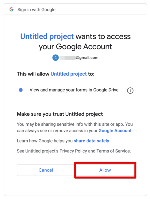 The permissions required by the project (script) are displayed. Press Allow at the bottom of the screen.