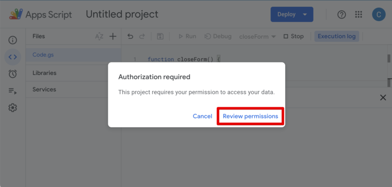 A dialog box titled "Authorization Required" will appear, press the Review Permissions link.