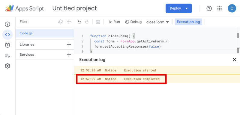 The script execution log is shown and the completion time of the script is also displayed.