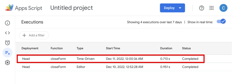 Script Editor's Executions screen showing script execution history.