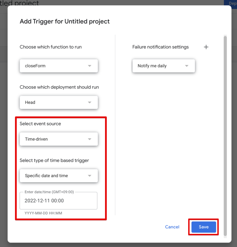 In the dialog for setting up triggers, the event source, time base trigger type, and specified time are set.