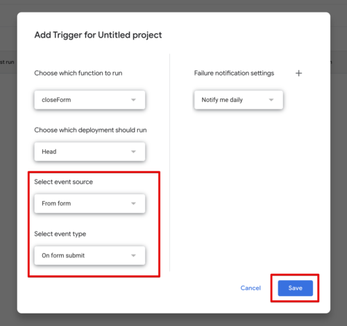 The event source and event type are set on the trigger setup screen.