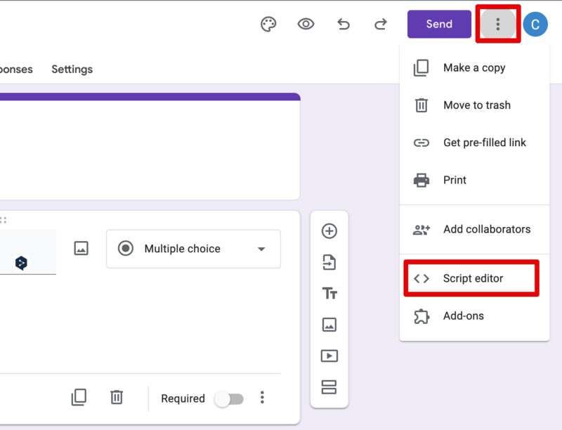 Script Editor is selected from the menu in the upper right corner of the Google Forms editing screen.