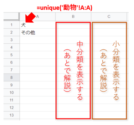 unique関数で大分類を表示する